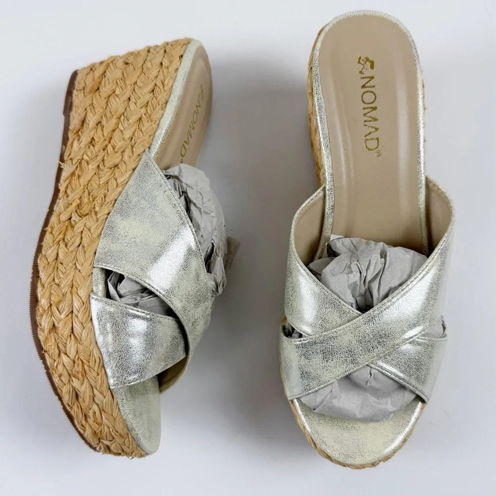 Nomad Wedge Sandals Womens 8 Raffia Silver Taupe Bahama II NEW in Box